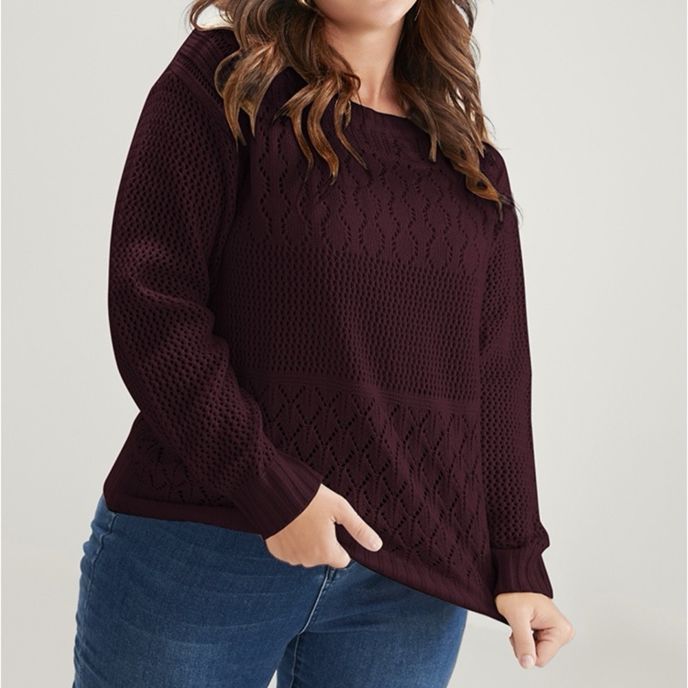BloomChic Burgundy Pointelle Long Sleeve Sweater Plus Size 1X
